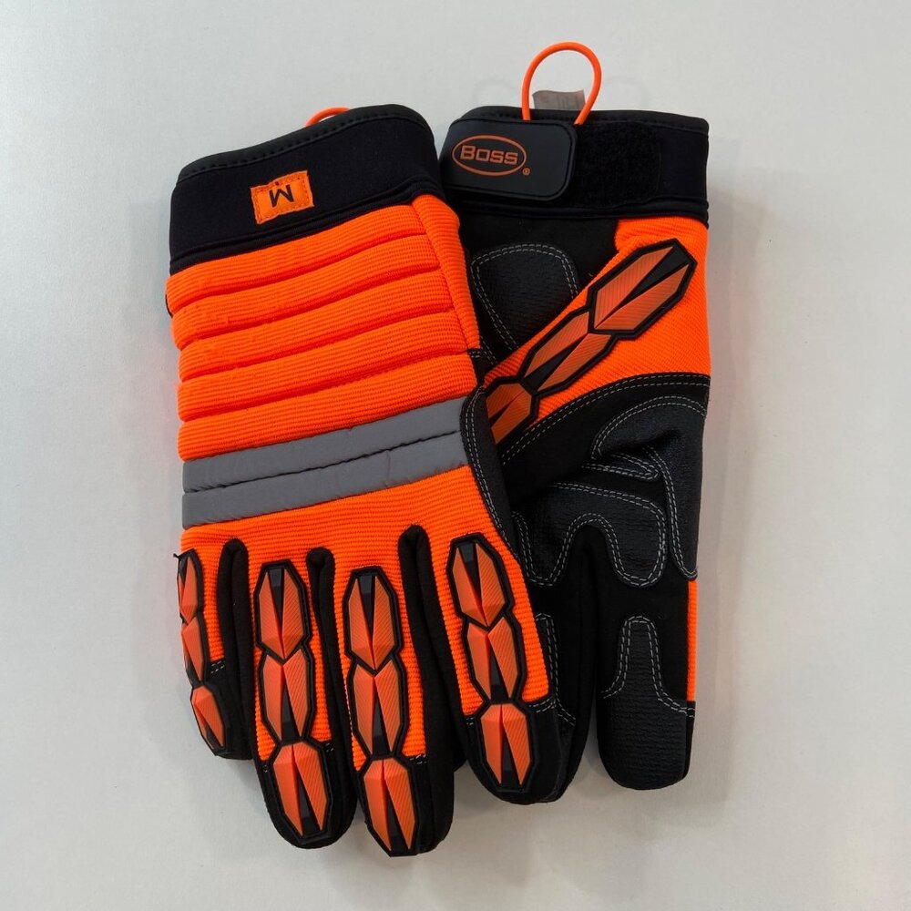 Boss High-Visibility Work Gloves Medium Size With Protective Padding & Hook Loop